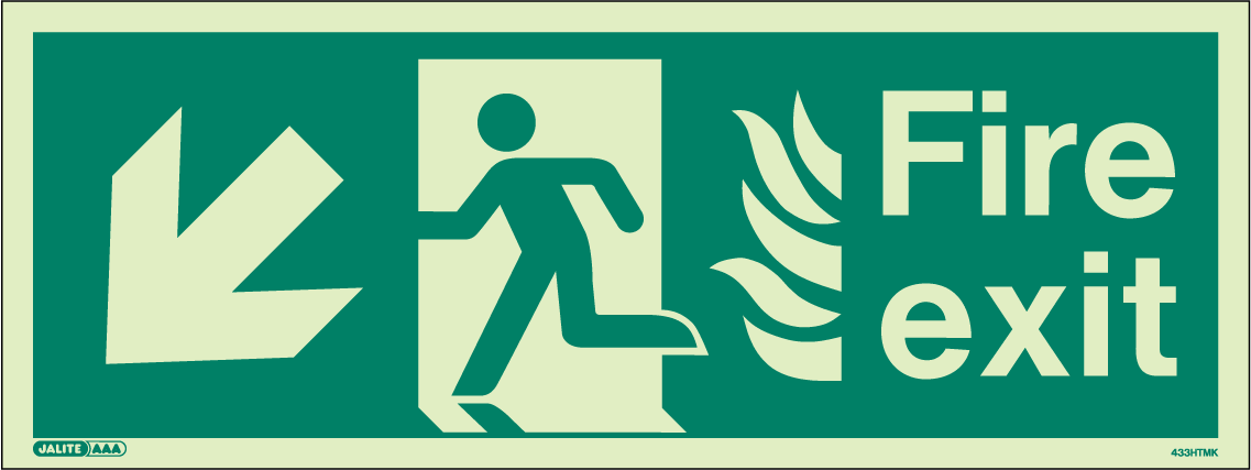 150 x 400mm-HTM Fire Exit Down Left Arrow