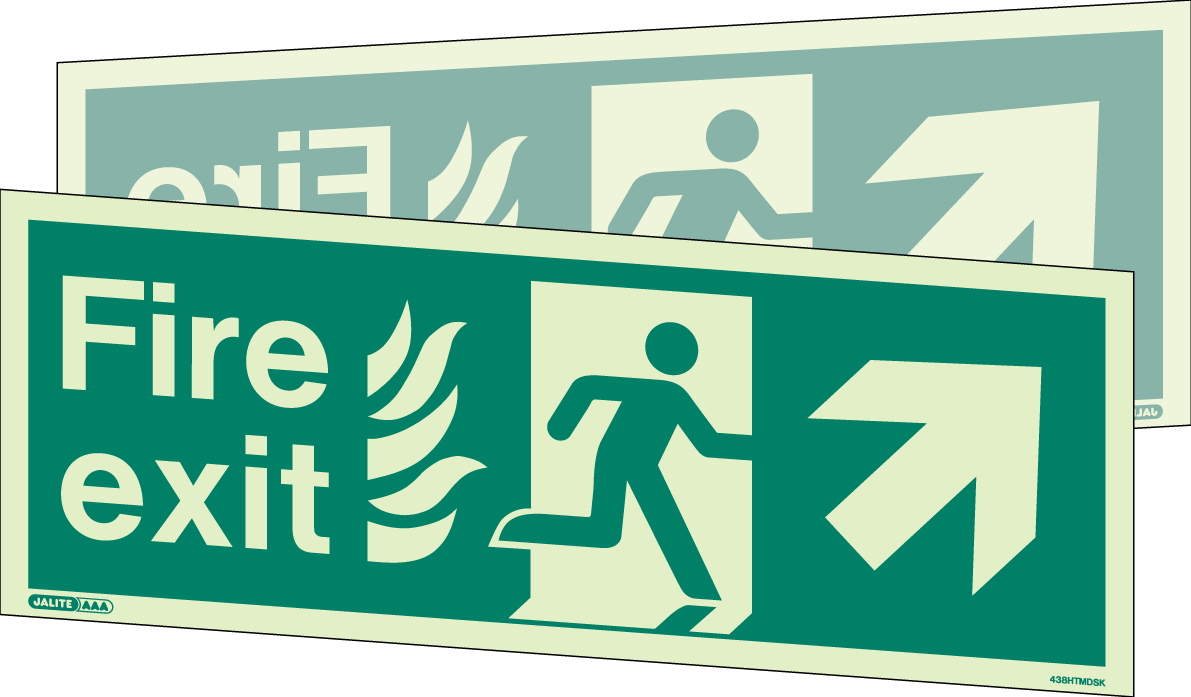150 x 400mm-HTM Fire Exit Up Right Arrow Double Sided