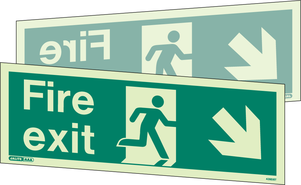 120 x 340mm-Fire Exit Down Right Arrow Double Sided