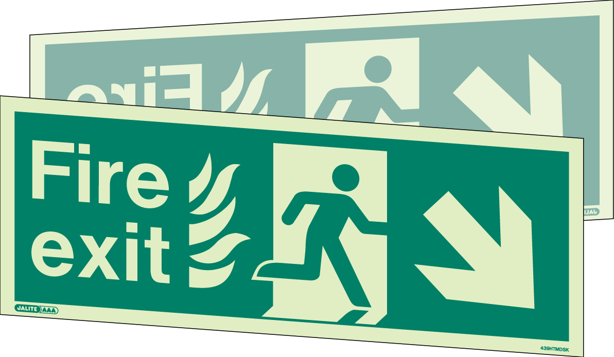 150 x 400mm-HTM Fire Exit Down Right Arrow Double Sided