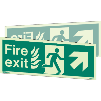 HTM Fire Exit Up Right Arrow Double Sided