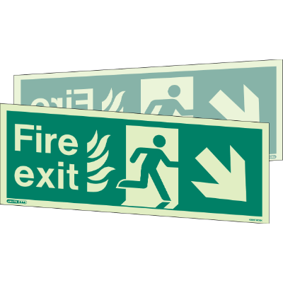 HTM Fire Exit Down Right Arrow Double Sided